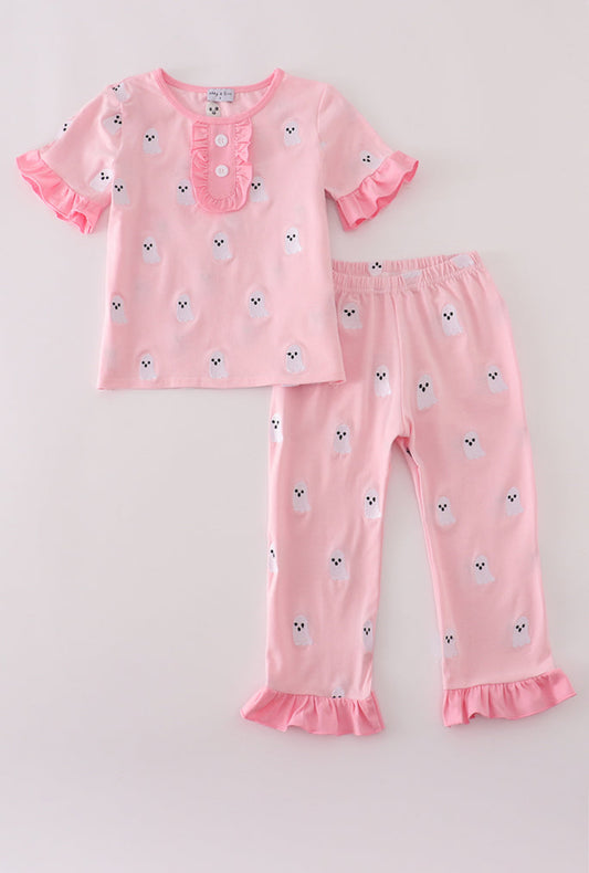 Pink Ghost Embroidery Ruffle Girl’s Pajamas Set