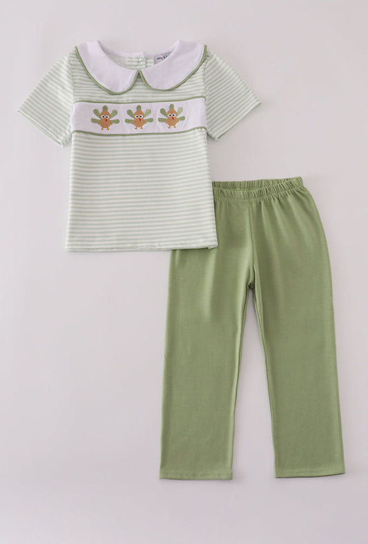 Sage Turkeys Embroidery Stripe Boy’s Pants Set