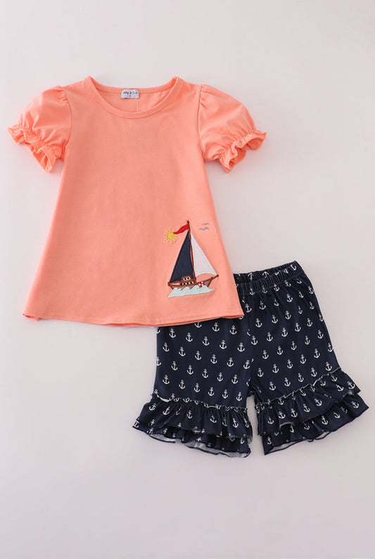 Coral Sailboat Appliqué Ruffle Girl’s Shorts Set