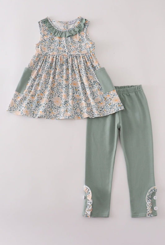 Fall Floral Print Ruffle Girl Pants Set