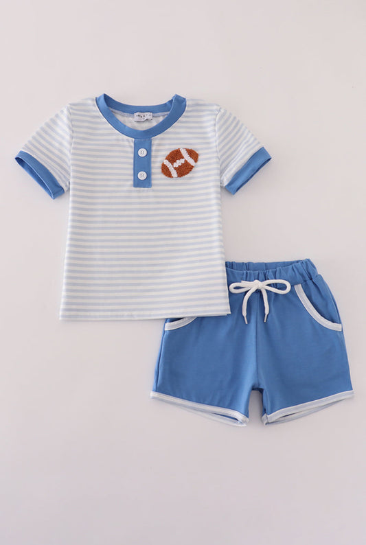 Blue Stripe Football French Knot Embroidery Boy’s Short Set