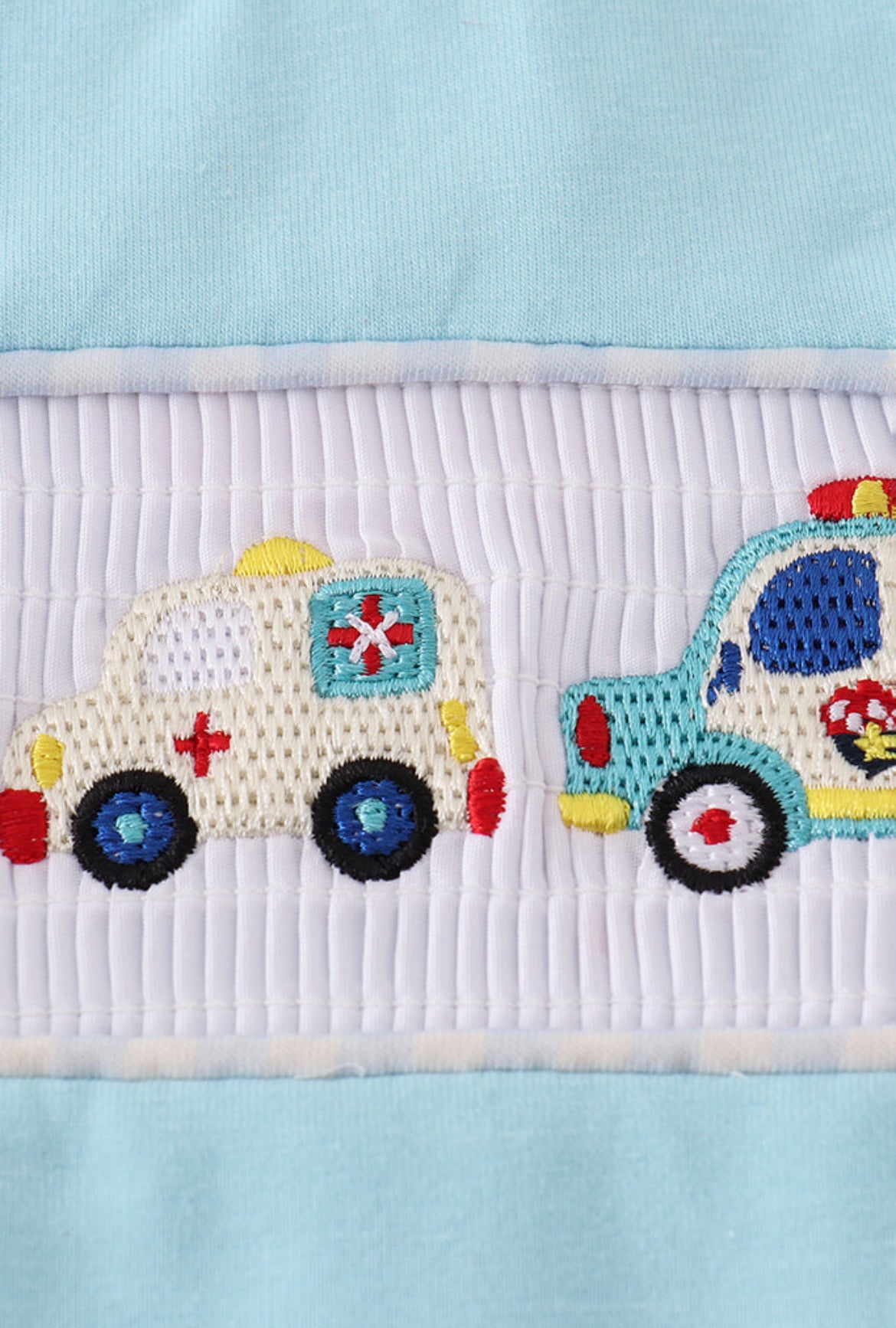 Blue Fire Truck Police Car Embroidery Smocked Boy’s Shirt