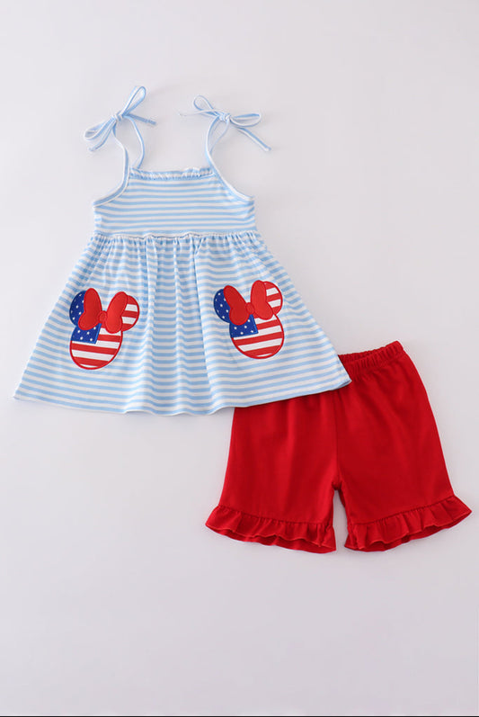 Girl’s Blue & Red Character Appliqué Shorts Set