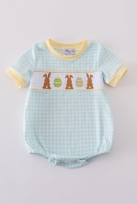 Boy’s Blue Bunny Embroidered Smocked Bubble