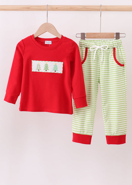 Red Christmas Tree Embroidery Boy’s Pants Set