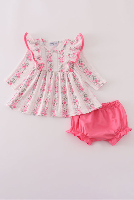 Pink Floral Print Ruffle Girl’s Bloomer Set