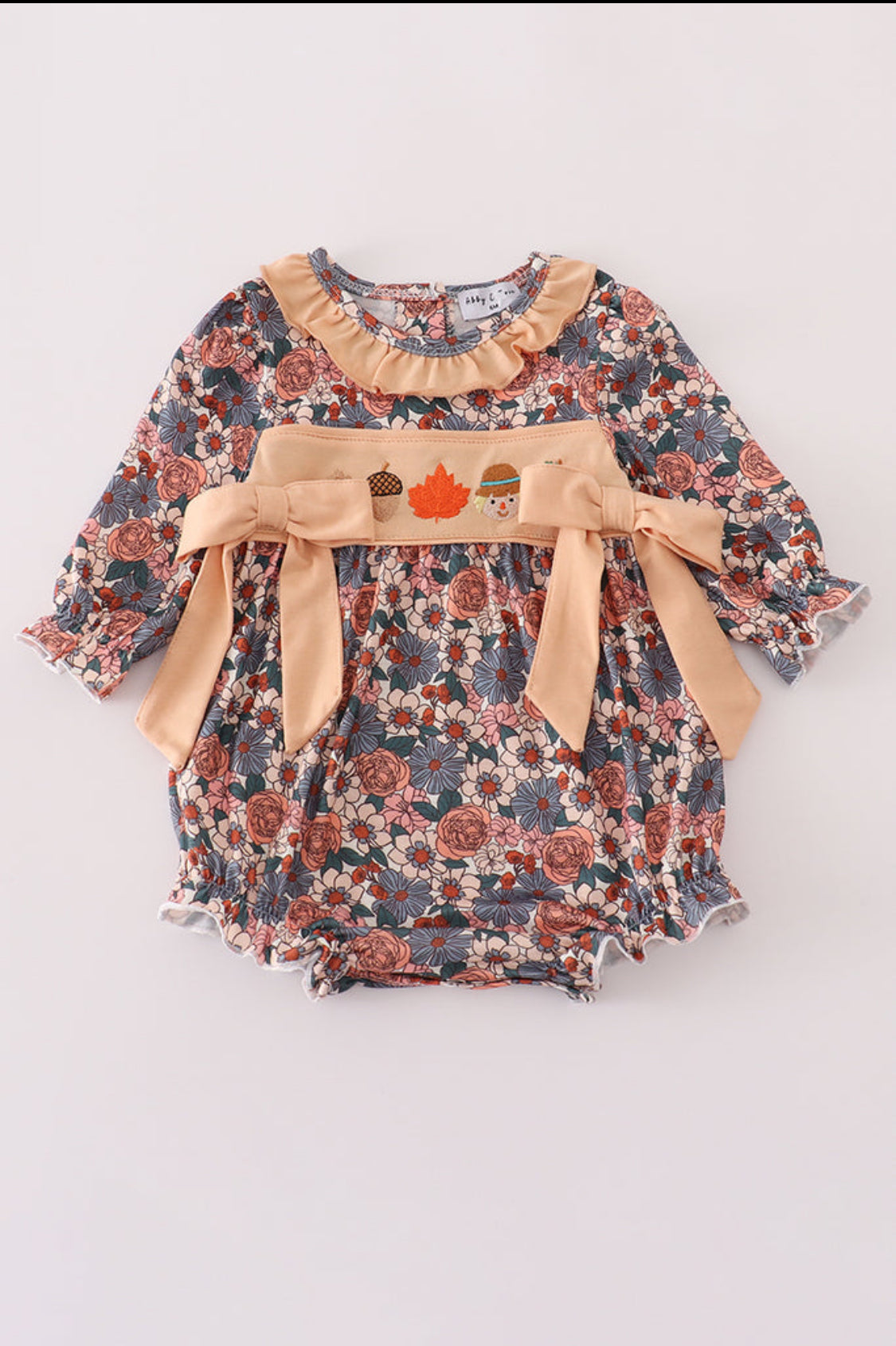 Fall Floral Print Pumpkin Embroidery Girl’s Bubble