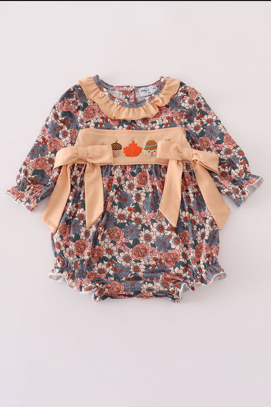 Fall Floral Print Pumpkin Embroidery Girl’s Bubble
