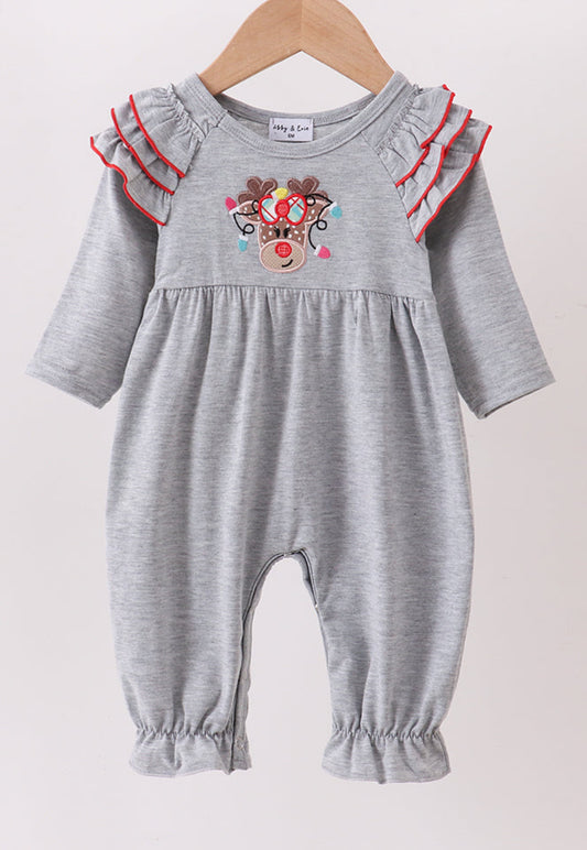 Grey Reindeer Appliqué Ruffle Girl’s Romper