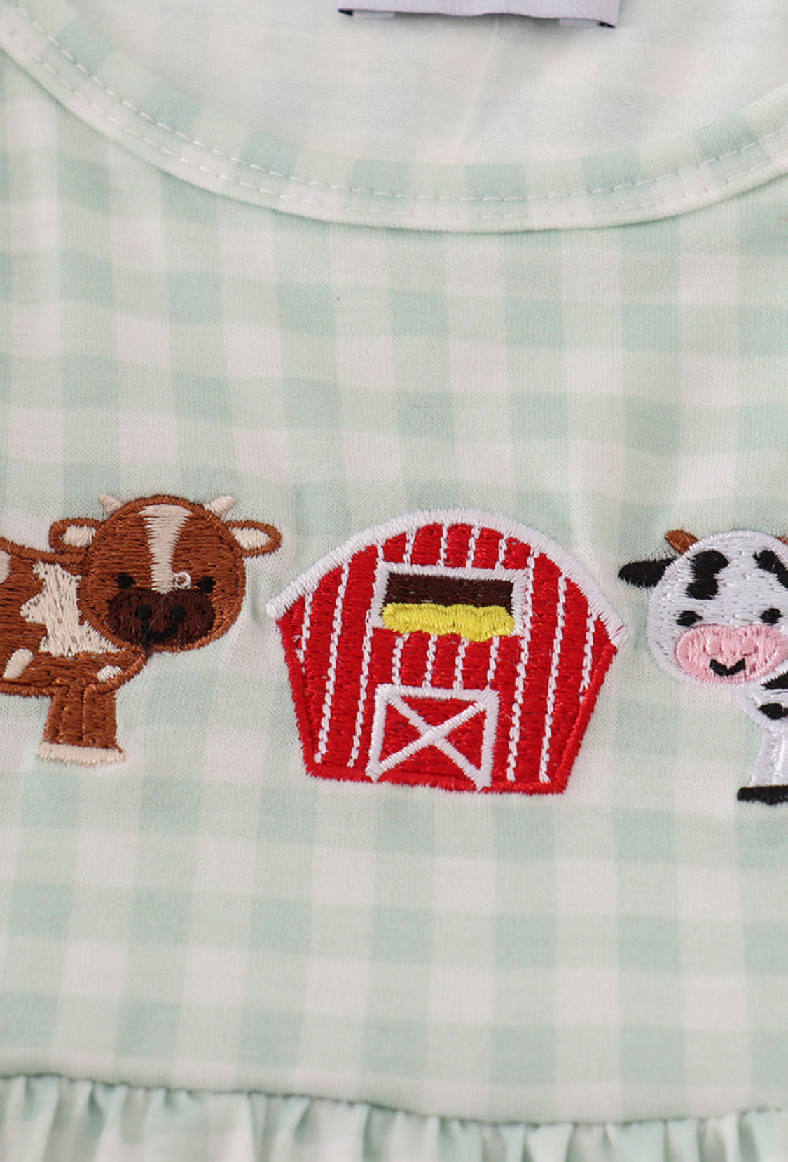 Green Farm Cow Embroidery Gingham Ruffled Girl’s Dress