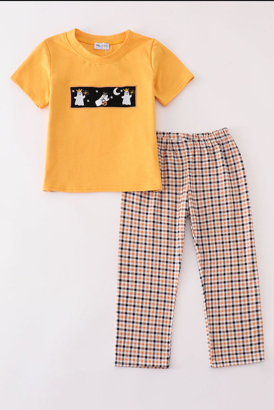 Halloween Ghost Embroidery Plaid Boy Set