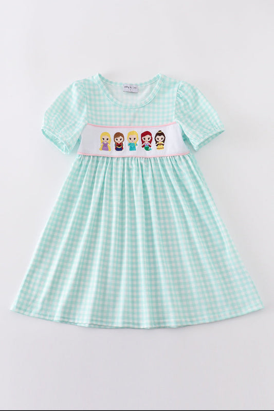 Blue Princess Embroidery Gingham Girl’s Dress