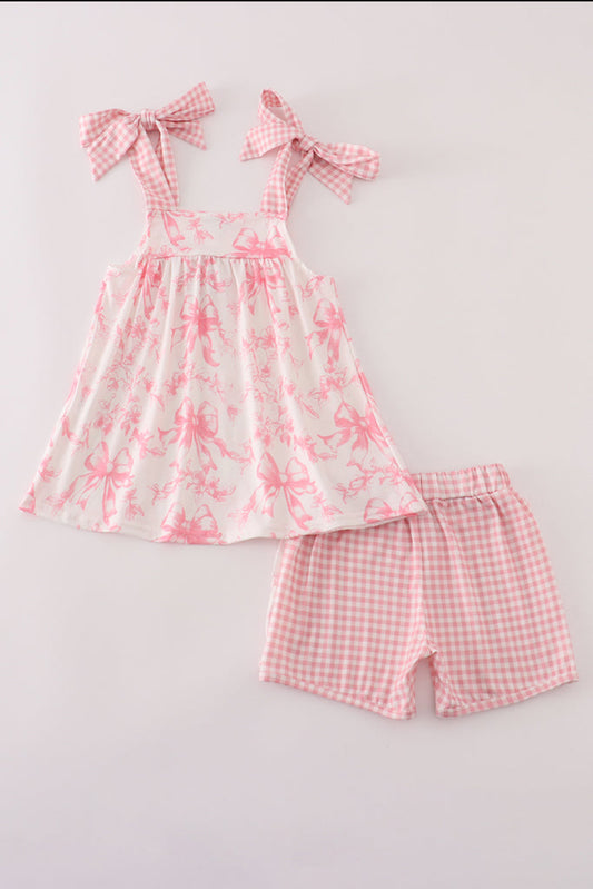 Pink Bow Print Ruffle Girl’s Short Set