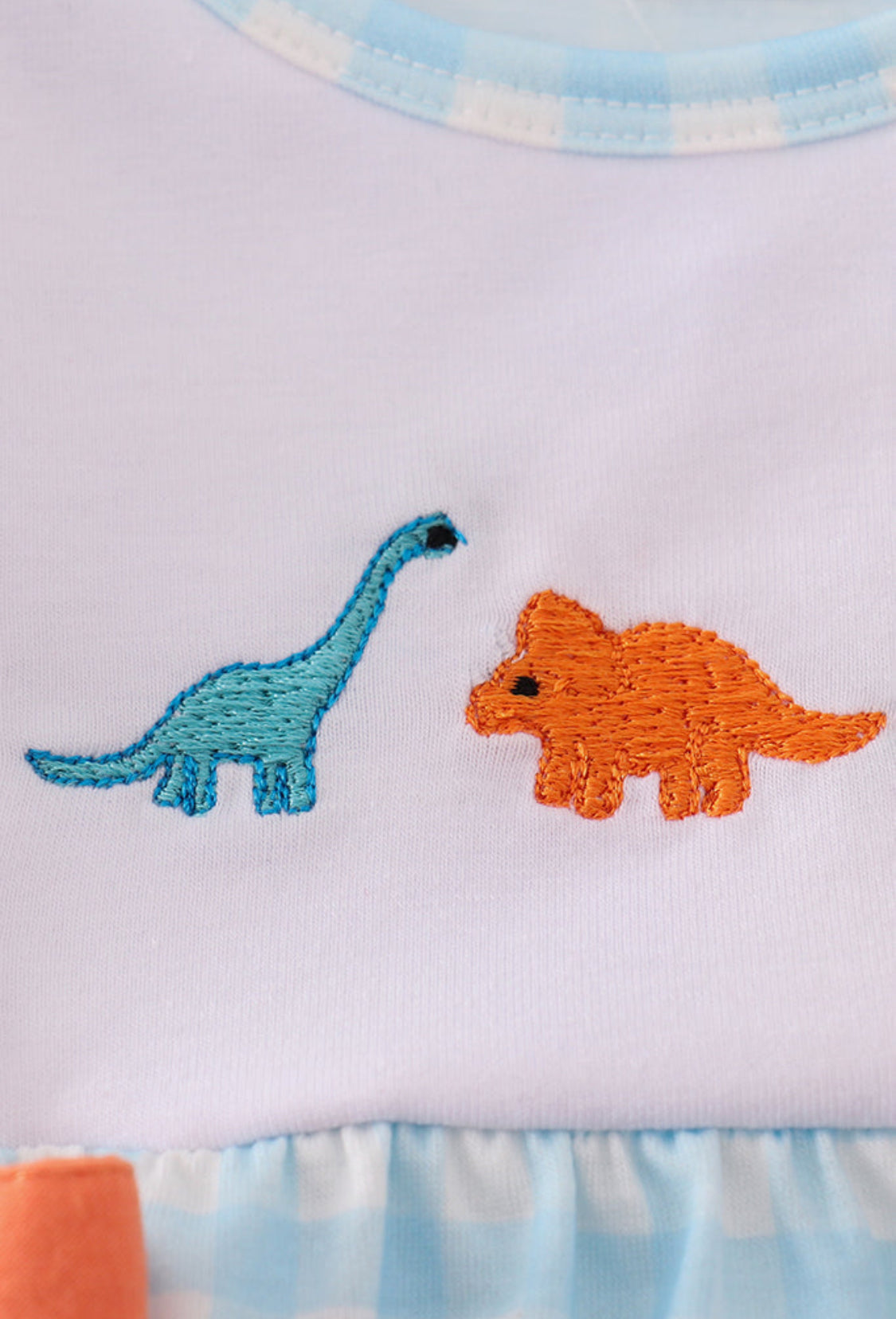 Blue Dinosaur Embroidery Gingham Ruffle Girl’s Short Set