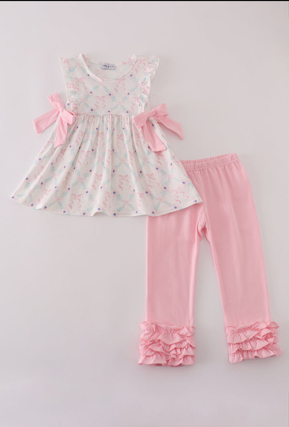 Pink Floral Bow Print Girl’s Ruffle Pants Set