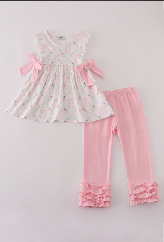 Pink Floral Bow Print Girl’s Ruffle Pants Set