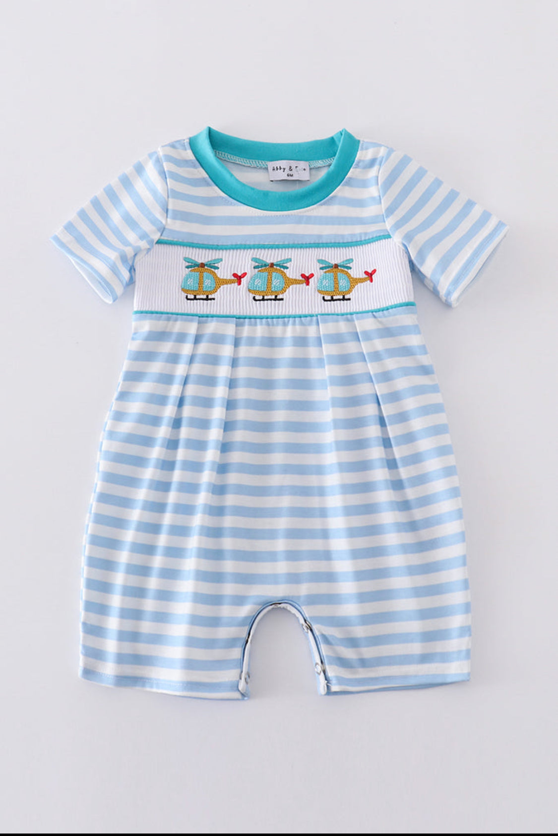 Blue Stripe Helicopter Embroidery Smocked Boy Romper