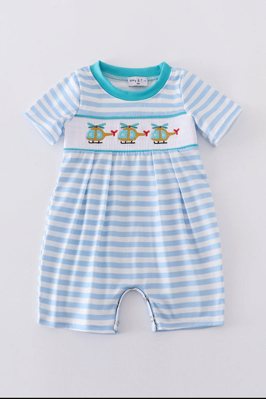 Blue Stripe Helicopter Embroidery Smocked Boy Romper