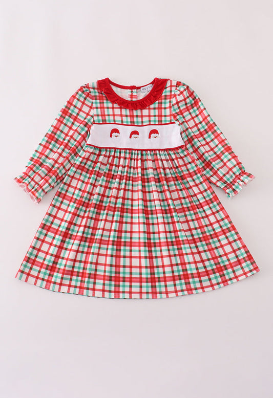 Red Santa Claus Embroidery Plaid Ruffle Dress