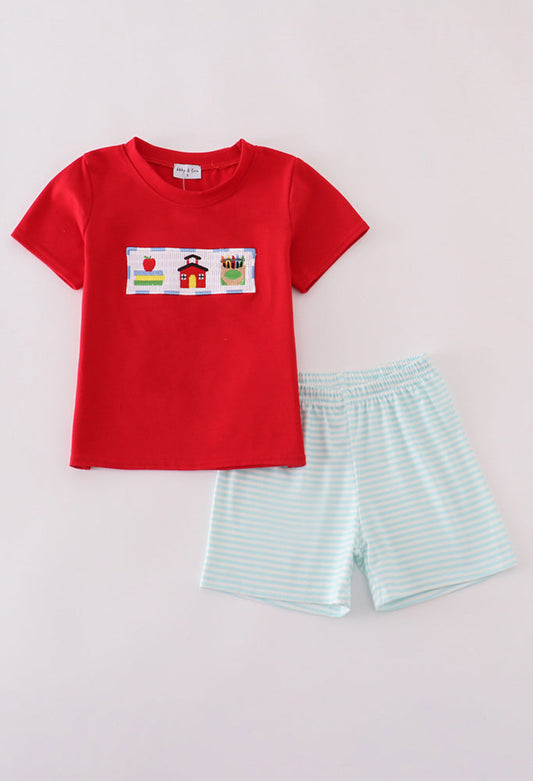 Apple Pencil Embroidery Smocked Boy’s Shorts Set