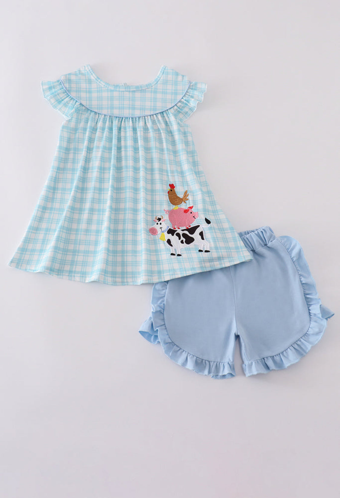 Blue Farm Appliqué Girl’s Ruffle Shorts Set