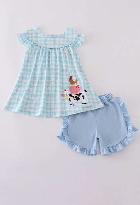 Blue Farm Appliqué Girl’s Ruffle Shorts Set