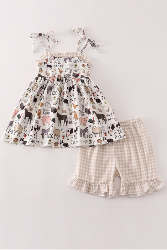 Beige Farm Strap Girl Set