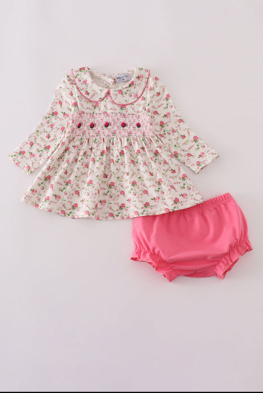 Pink Rose Hand Smocked Girl’s Bloomer Set