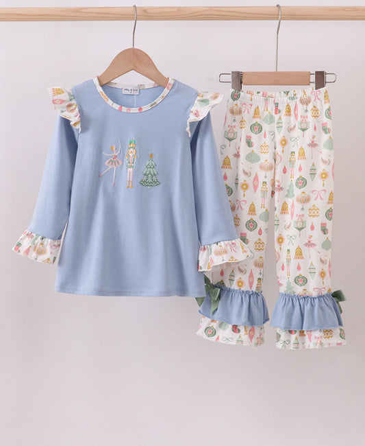 Blue Nutcracker Embroidery Ruffle Girl’s Pants Set