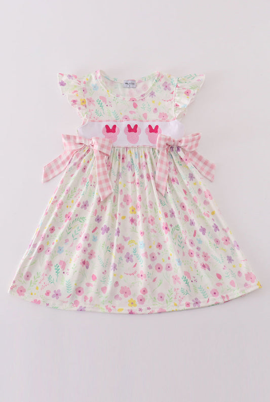Girl’s Pink Floral Mouse Embroidered Dress