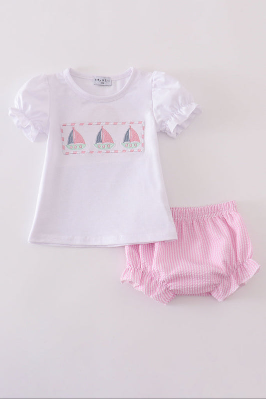 Pink Stripe Seersucker Sailboat Embroidery Girl’s Bloomer Set