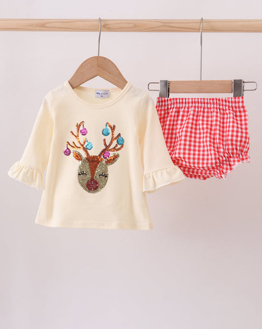 Beige Reindeer Sequin Girl’s Bloomer Set