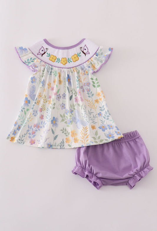 Purple Floral Embroidery Smocked Girl’s Bloomer Set