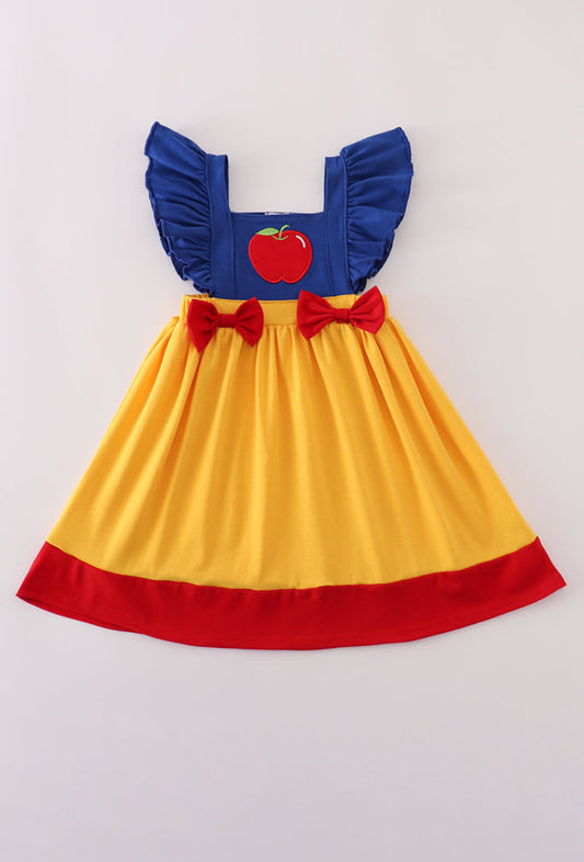 Apple Embroidery Bow Ruffle Dress