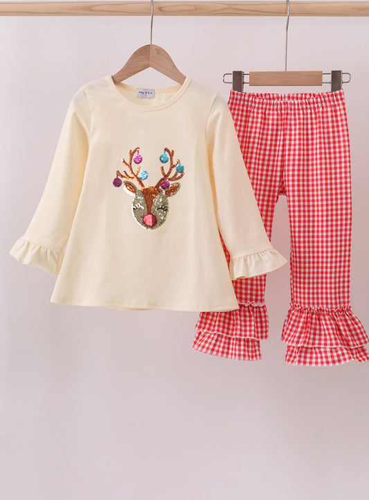 Beige Reindeer Sequin Ruffle Girl’s Pants Set