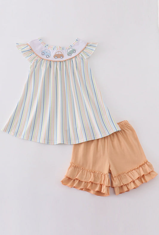 Stripe Car Embroidery Girl’s Shorts Set