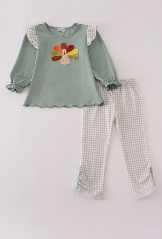 Sage Turkey French Knot Ruffle Girl’s Pants Set