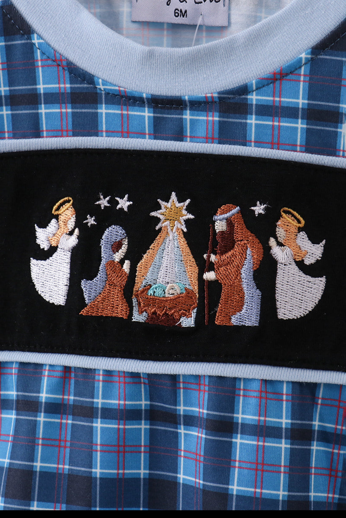 Navy Nativity Embroidery Plaid Boy’s Bubble