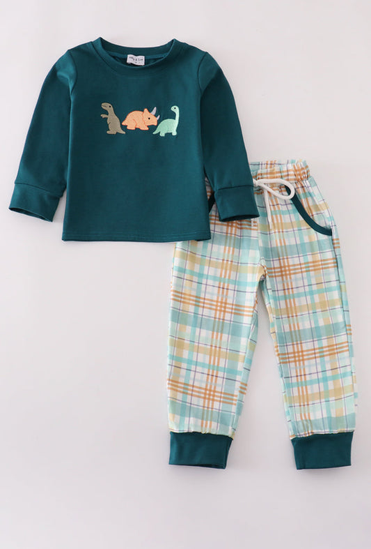 Blue Dinosaur Embroidery Plaid Boy’s Pants Set