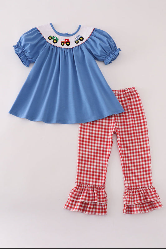 Blue Tractor Embroidery Ruffle Girl’s Pant Set