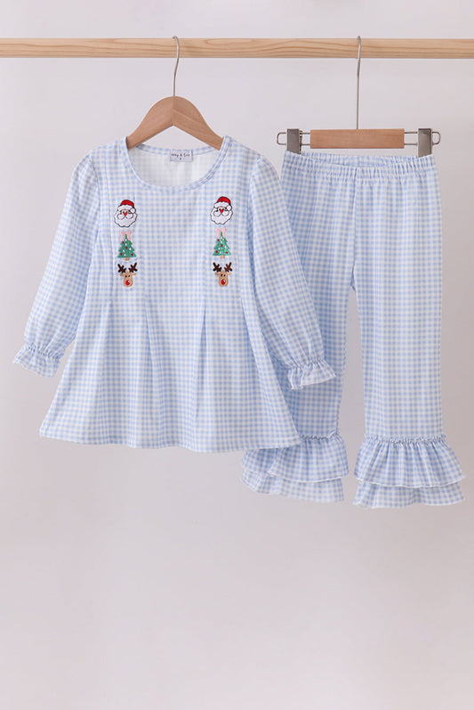 Blue Santa Claus Embroidery Ruffle Pants Set
