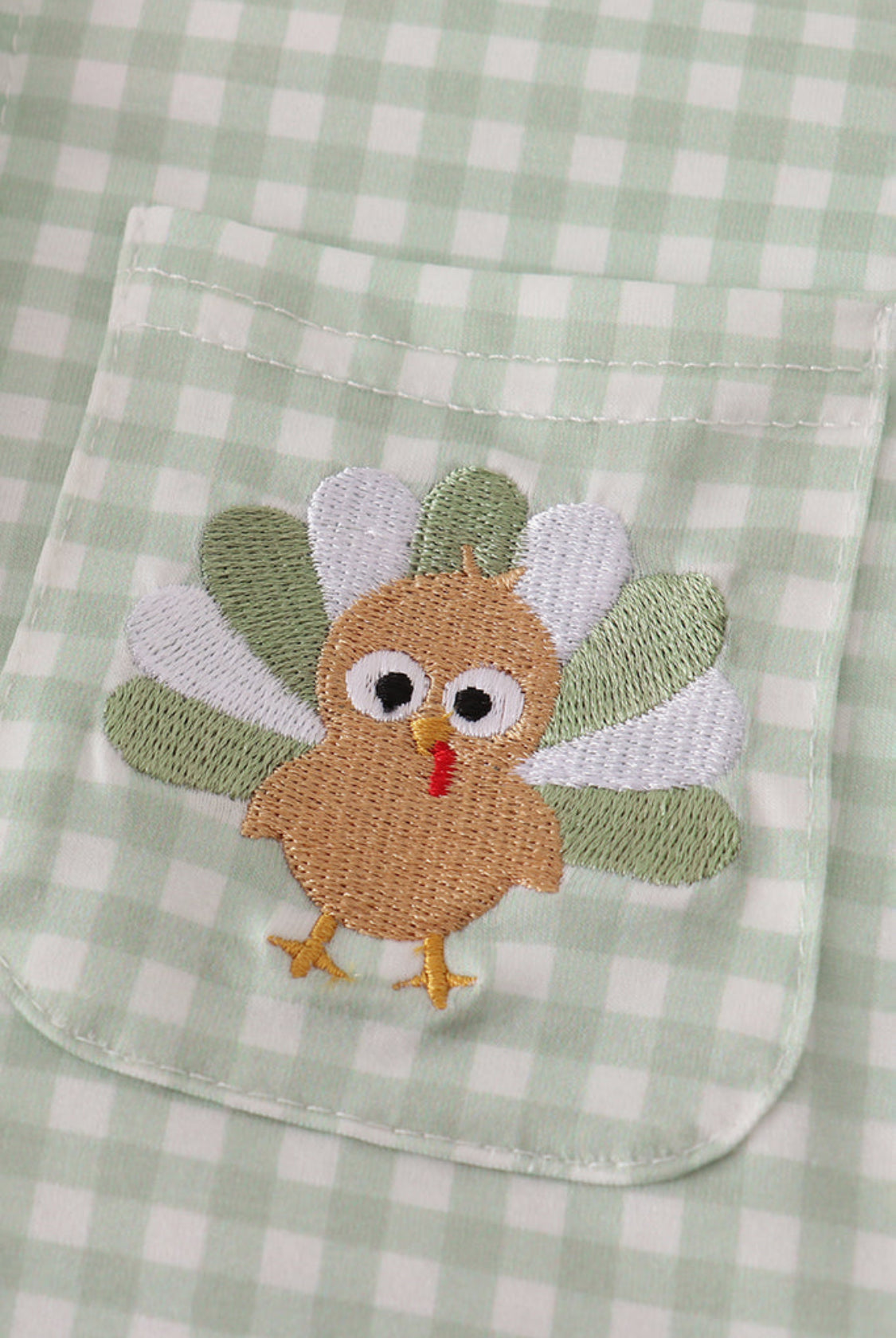 Sage Turkey Embroidery Gingham Boy’s Button Down Shirt