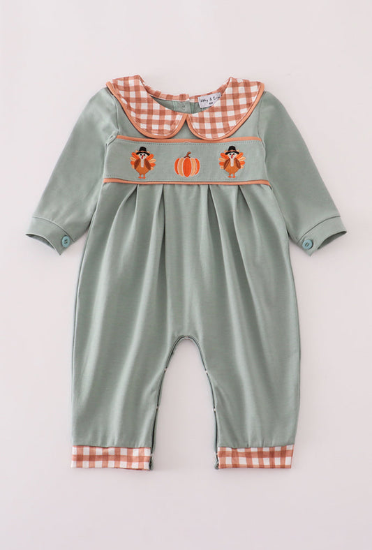 Sage Turkey Pumpkin Embroidery Boy’s Romper