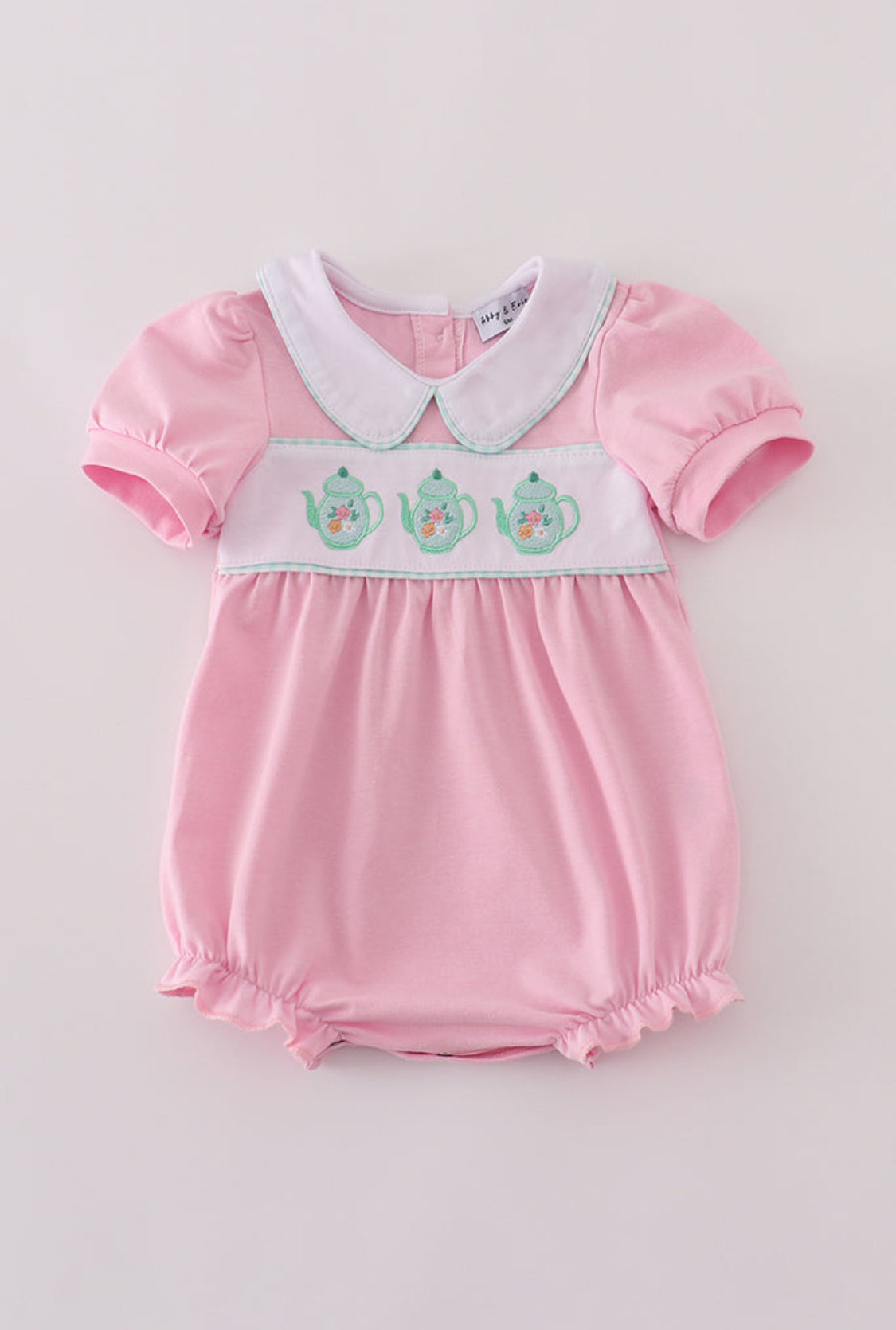 Pink Teapot Embroidery Puff Sleeve Girl’s Bubble