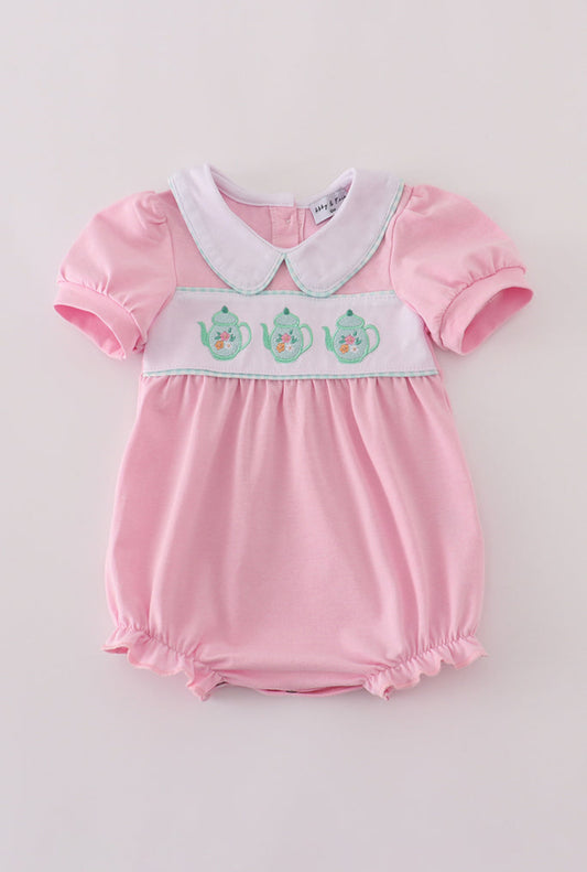 Pink Teapot Embroidery Puff Sleeve Girl’s Bubble