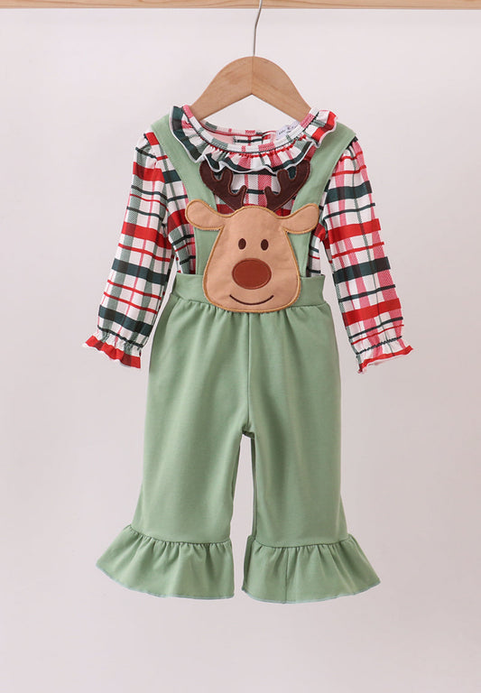 Green Christmas Reindeer Appliqué Ruffle Girl’s Jumpsuit Set