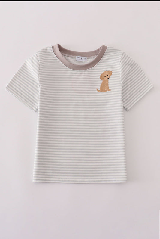Grey Puppy Embroidery Stripe Boy’s Top