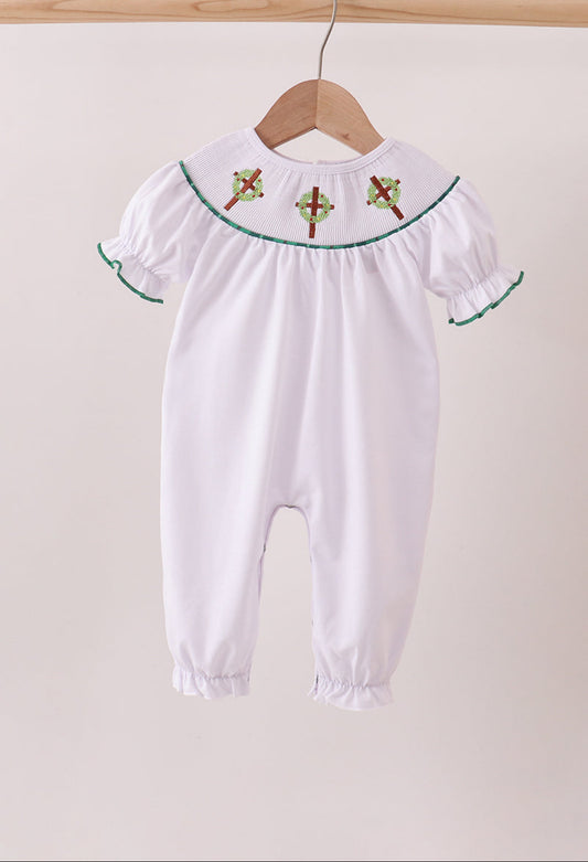 White Wreath Smocked Girl’s Romper.