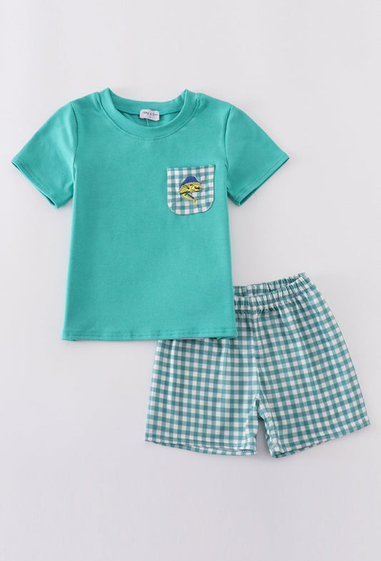 Boy’s Green Fish Embroidered Short Set