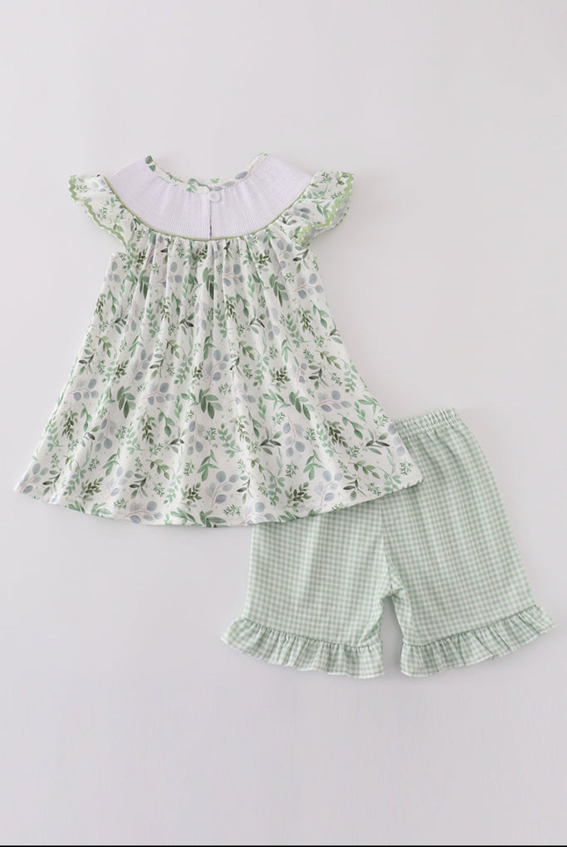 Girl’s Sage Leaf Bunny Embroidered Smocked Shorts Set